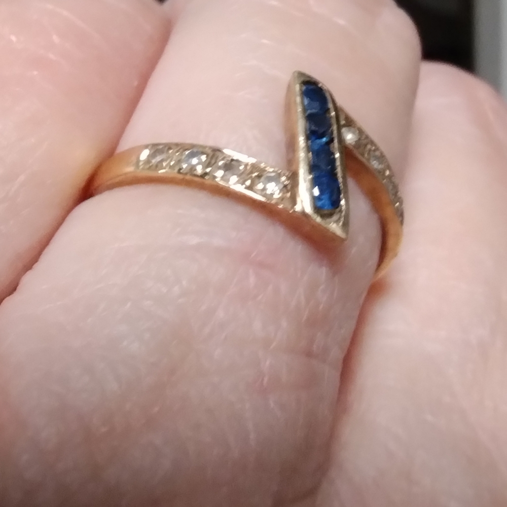 Vintage Art Deco Blue Sapphire Gold Ring 6.5 - Picture 2 of 12